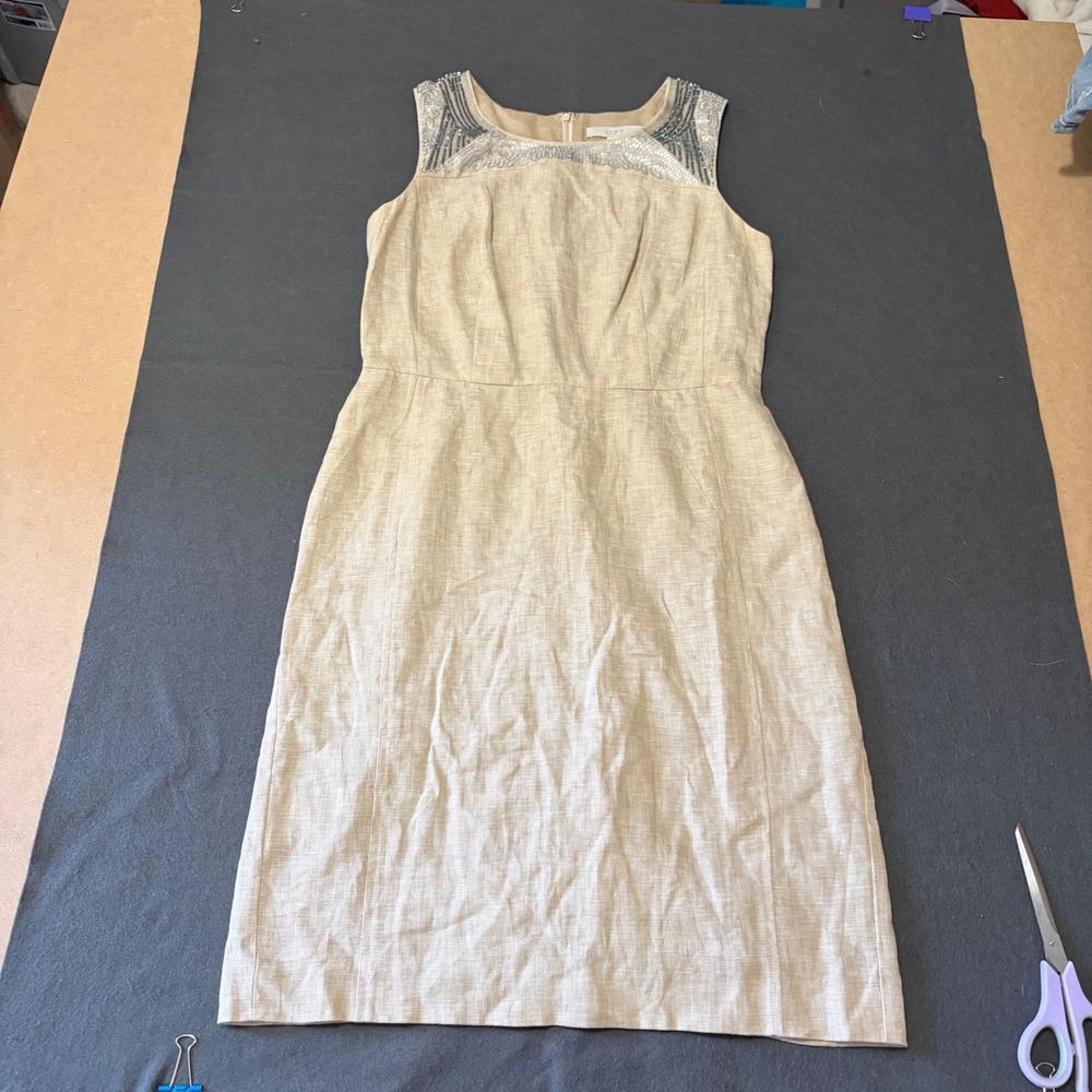 Loft Sheath Dress Womens 10 Beige Linen Sequin Beaded Event Lightweight Core